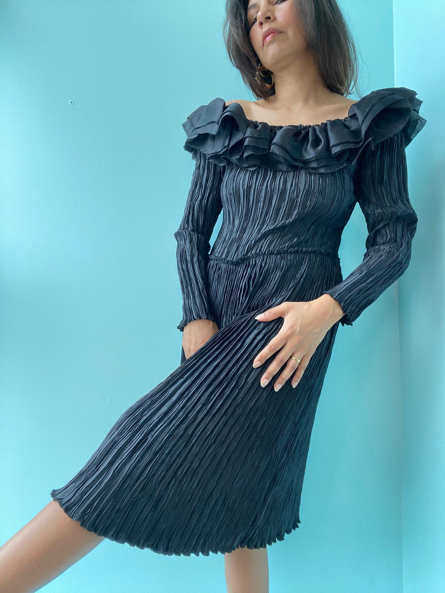 Early 80s Mary McFadden Couture Plisse Black Off The Shoulders Ruffled Organza Midi Dress