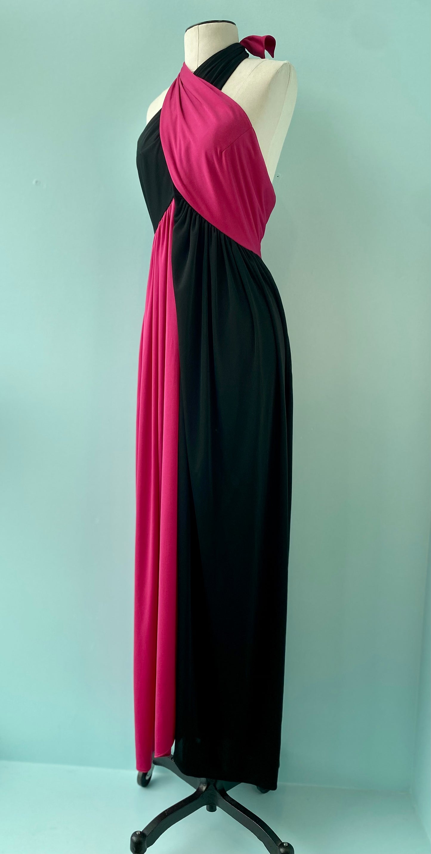 70s Bill Tice Sexy Color Block Jersey Halter Dress