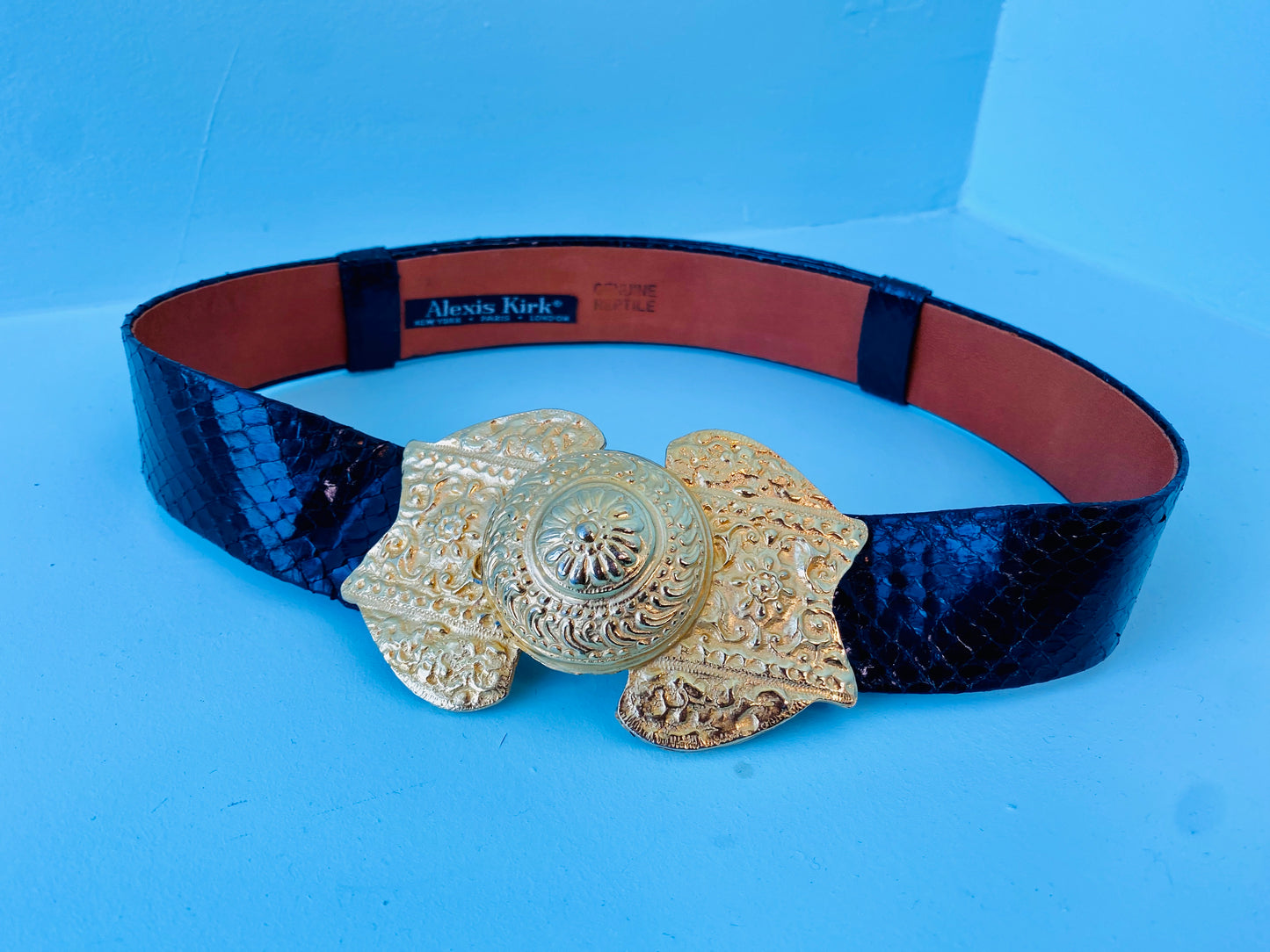 80s Alexis Kirk Black Reptile And Gold Plated Buckle Belt