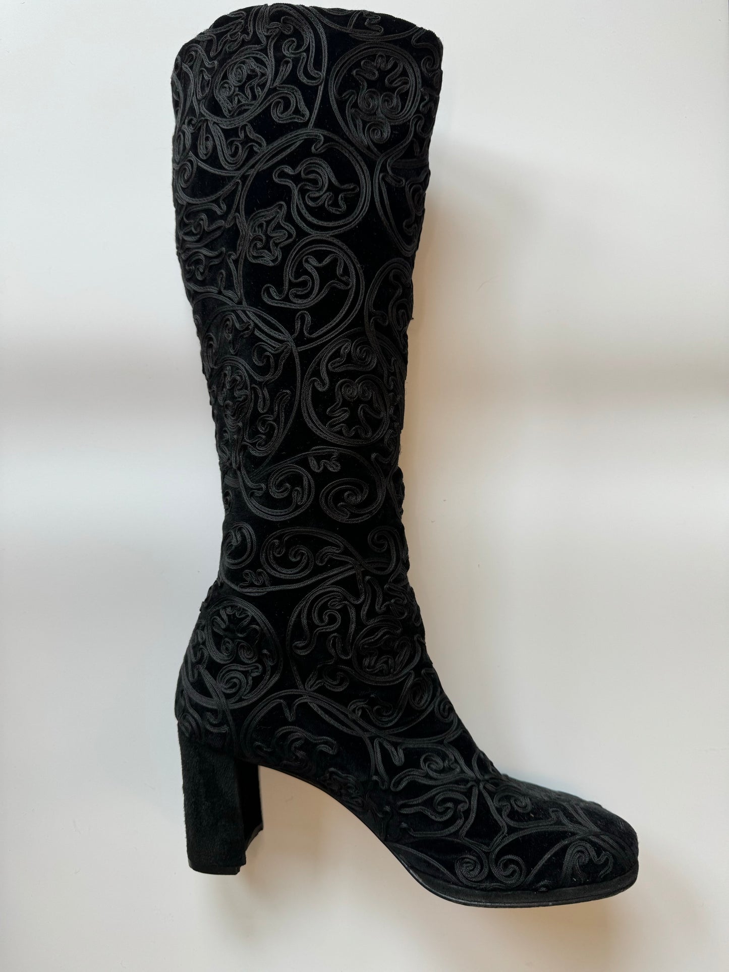 Vintage Pancaldi Tall Velvet and Ribbon Stacked Heel Black Gogo Boots