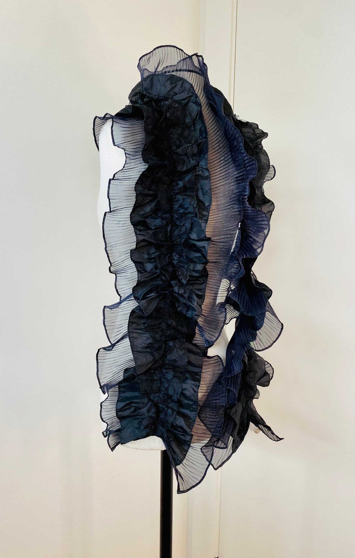 Y2K Black Avantgarde Organza Pleated Sculptural Shawl Scarf