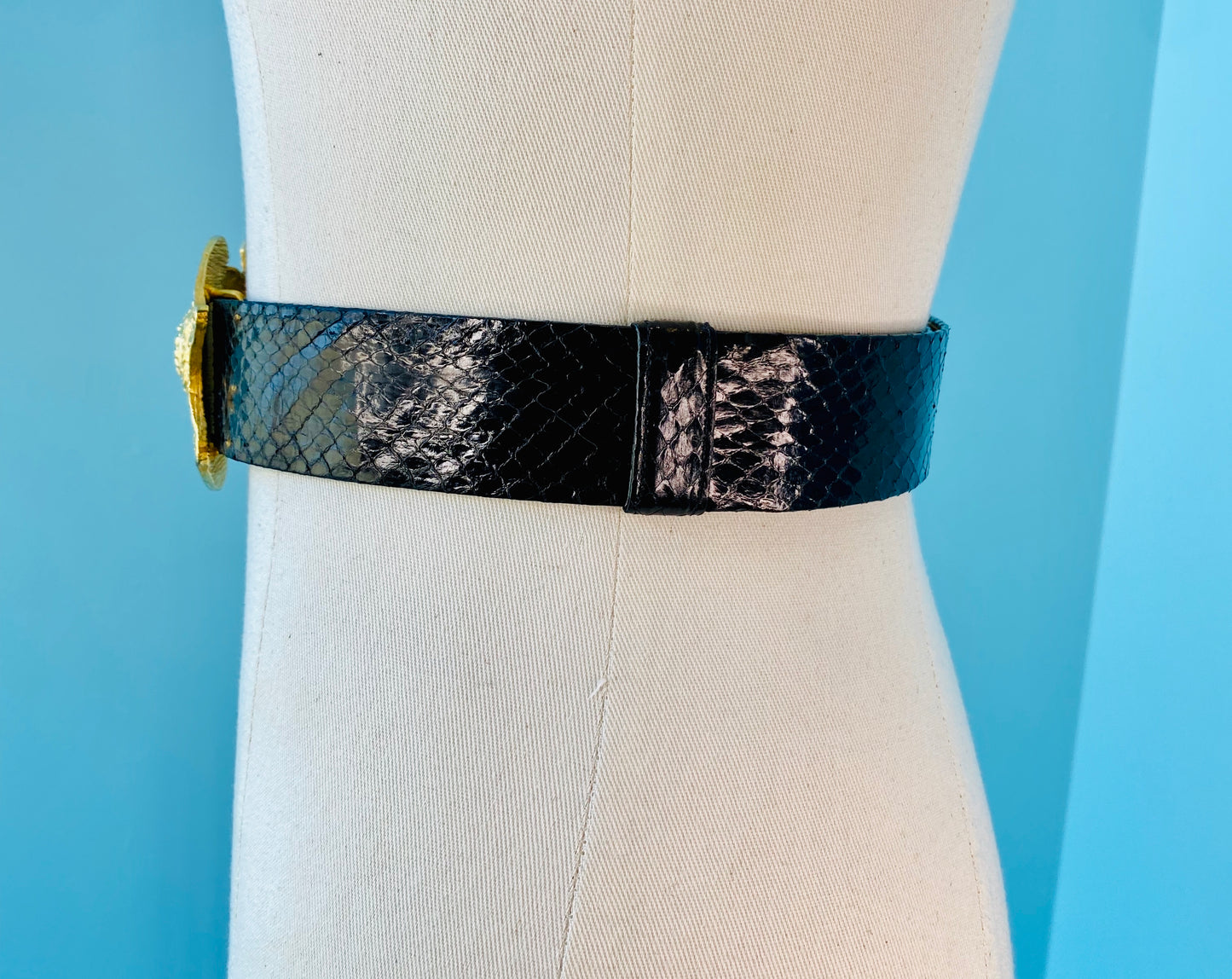 80s Alexis Kirk Black Reptile And Gold Plated Buckle Belt