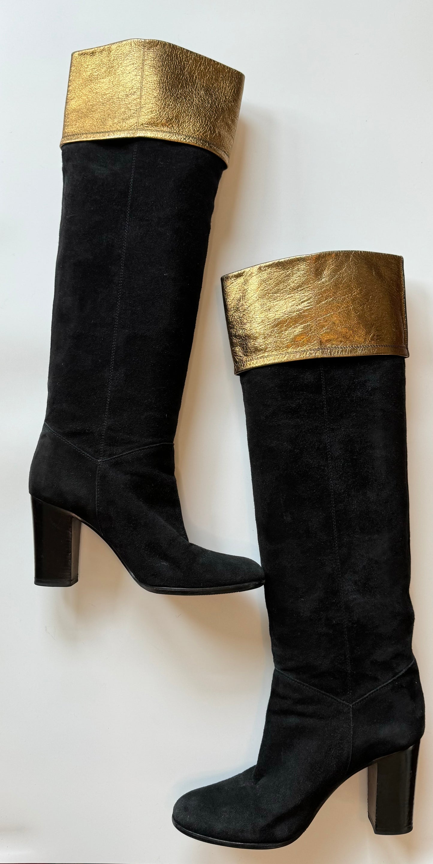 CHANEL Knee High Black Suede and Leather Logo Boots