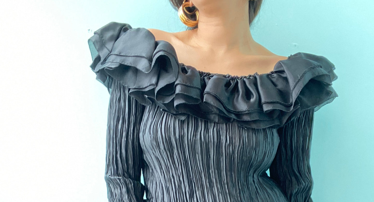 Early 80s Mary McFadden Couture Plisse Black Off The Shoulders Ruffled Organza Midi Dress