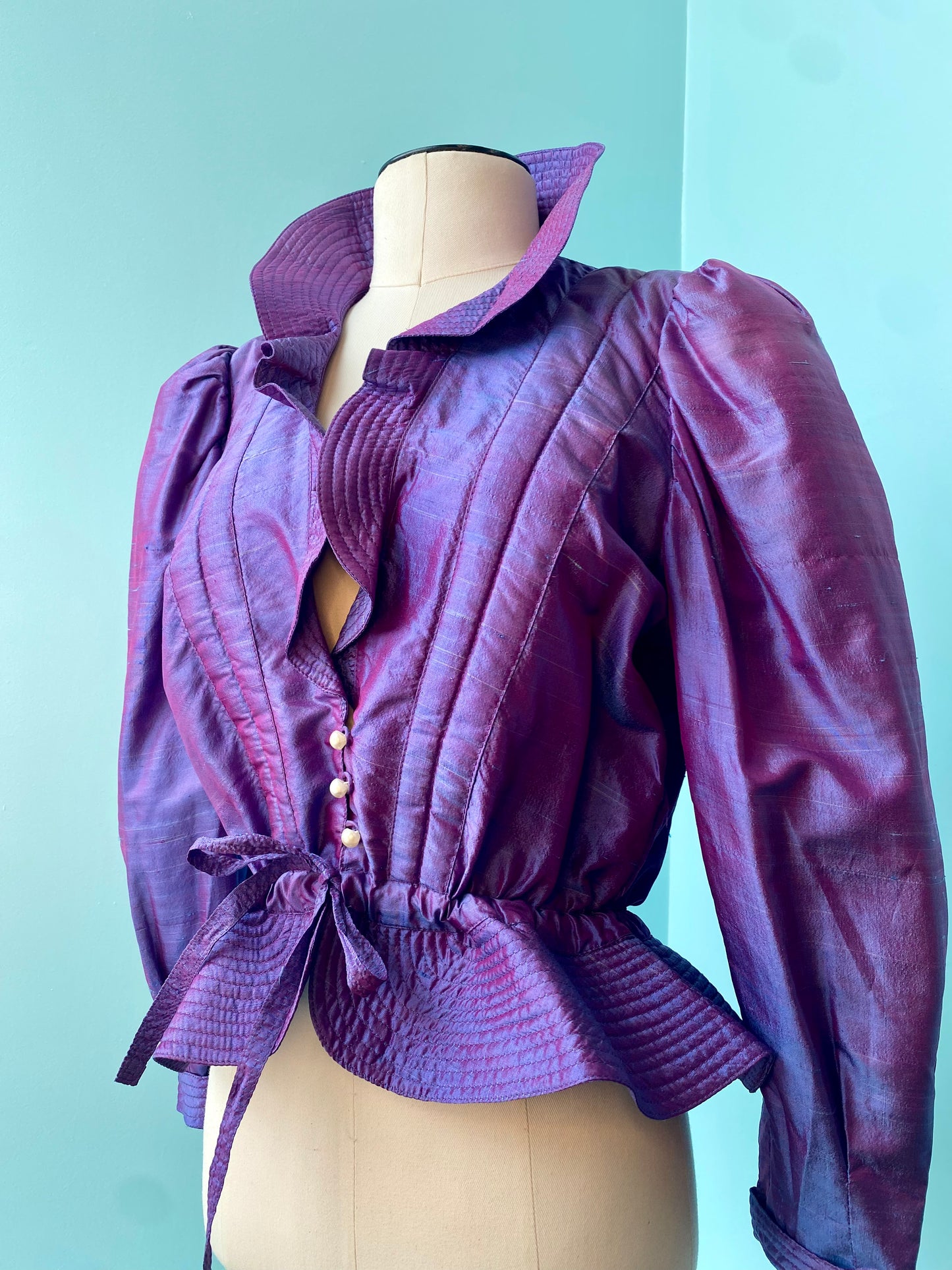 70s Jean and Martin Pallant Silk Avant Garde Silk Iridescent Purple Peplum Jacket