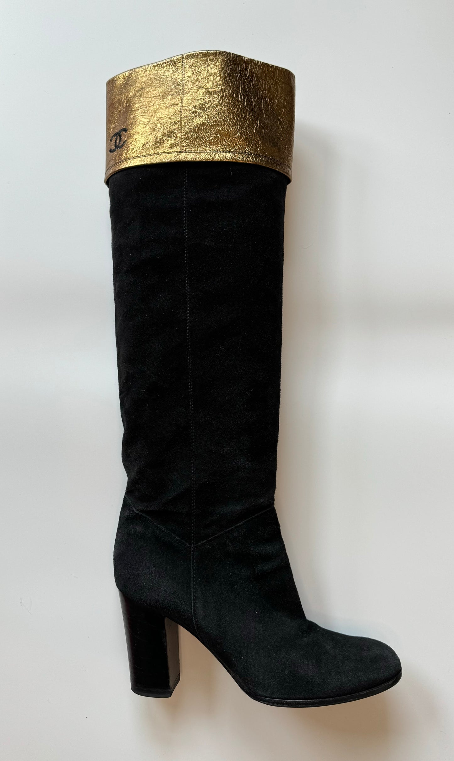 CHANEL Knee High Black Suede and Leather Logo Boots