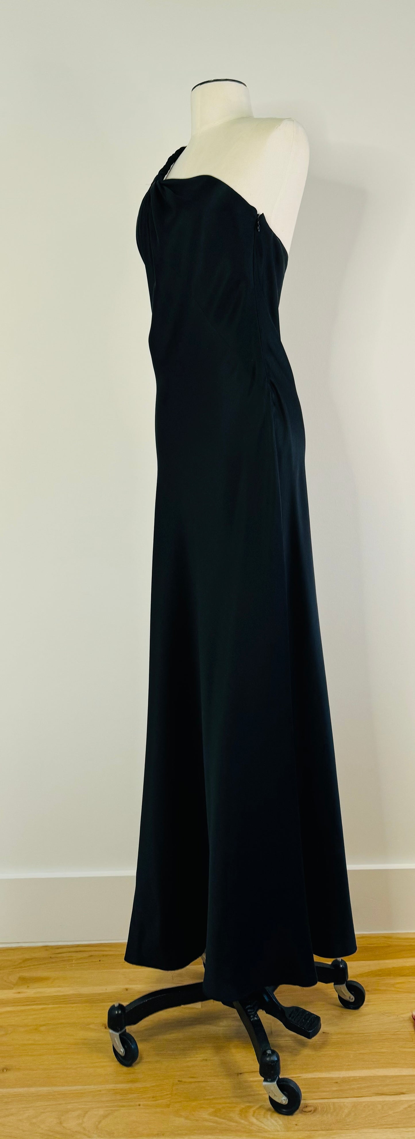 90s Black Silk One Shoulder Bias Maxi Gown Dress