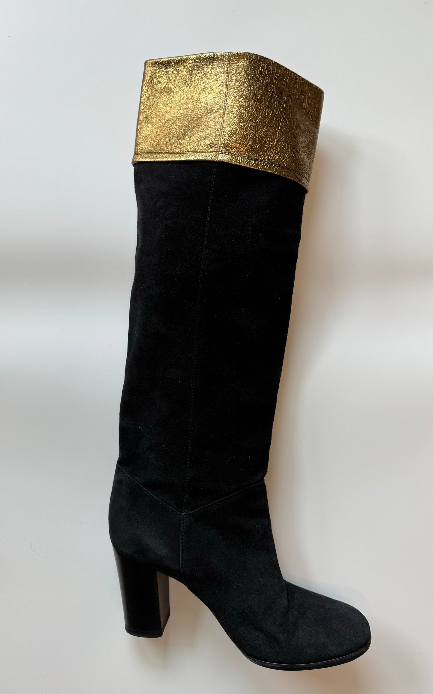 CHANEL Knee High Black Suede and Leather Logo Boots