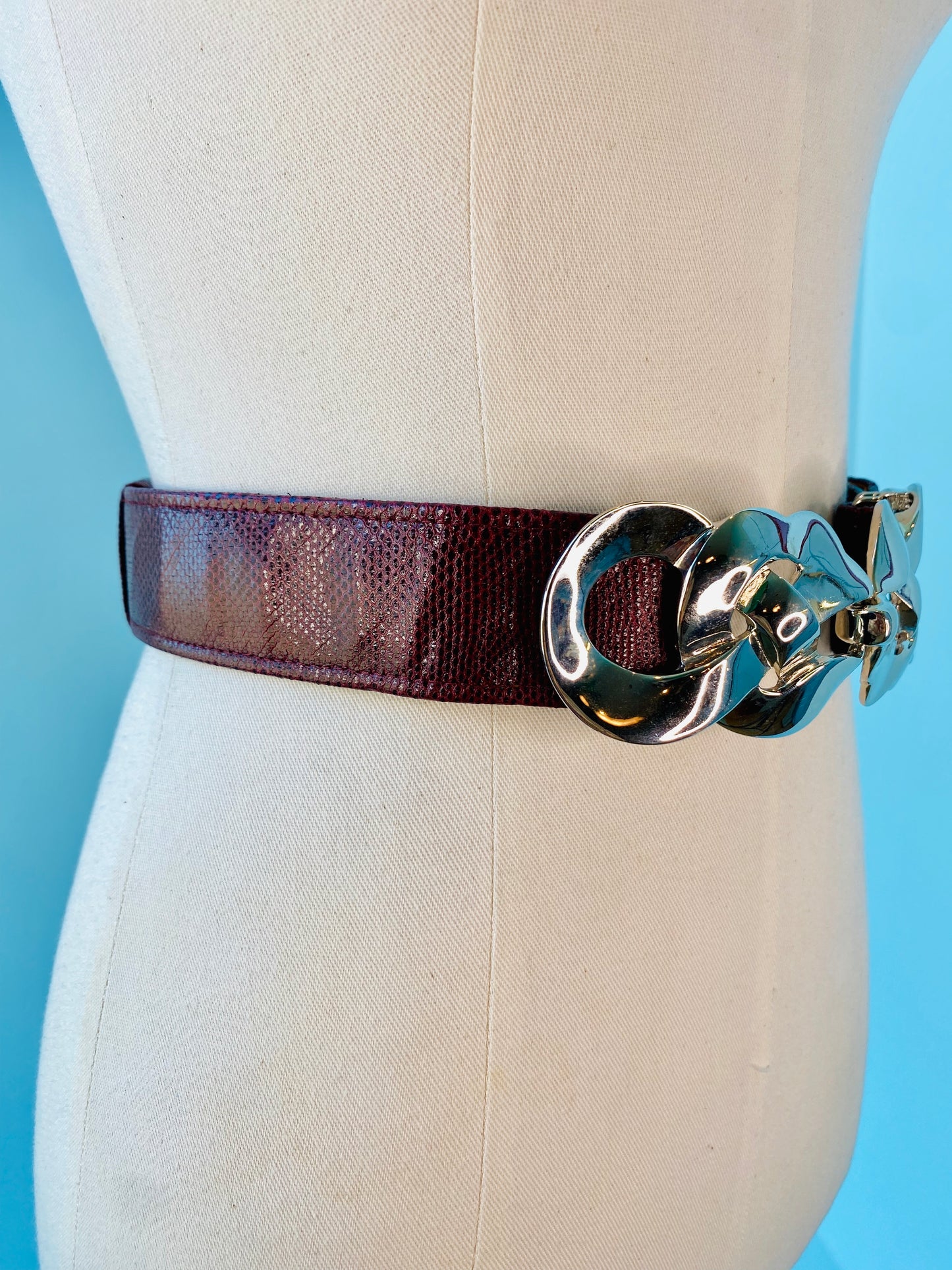 80s Alexis Kirk Silver Buckle Maroon Reptile Belt