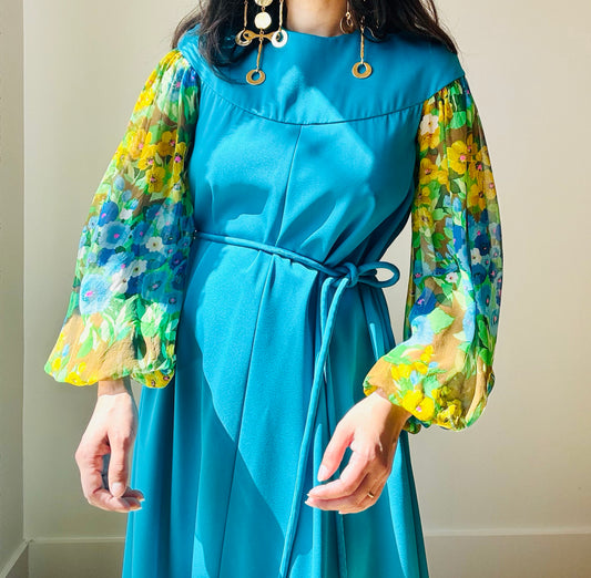 60s OAK Water Color Silk Chiffon Sleeves Blue Gown