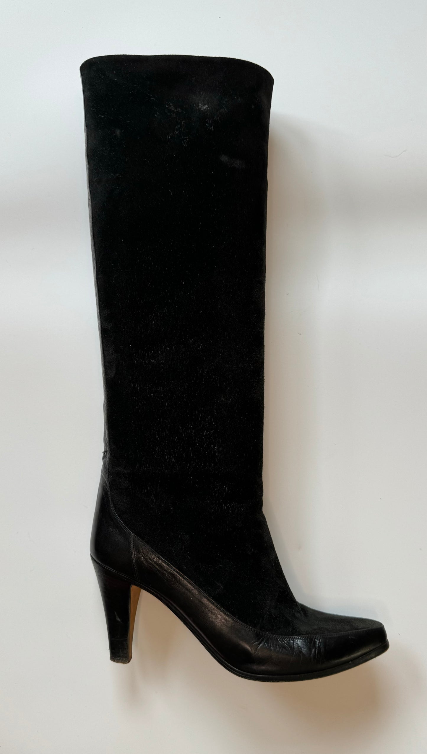 Vintage Tall Black Suede and Leather Andrea Pfister High Heel Boots