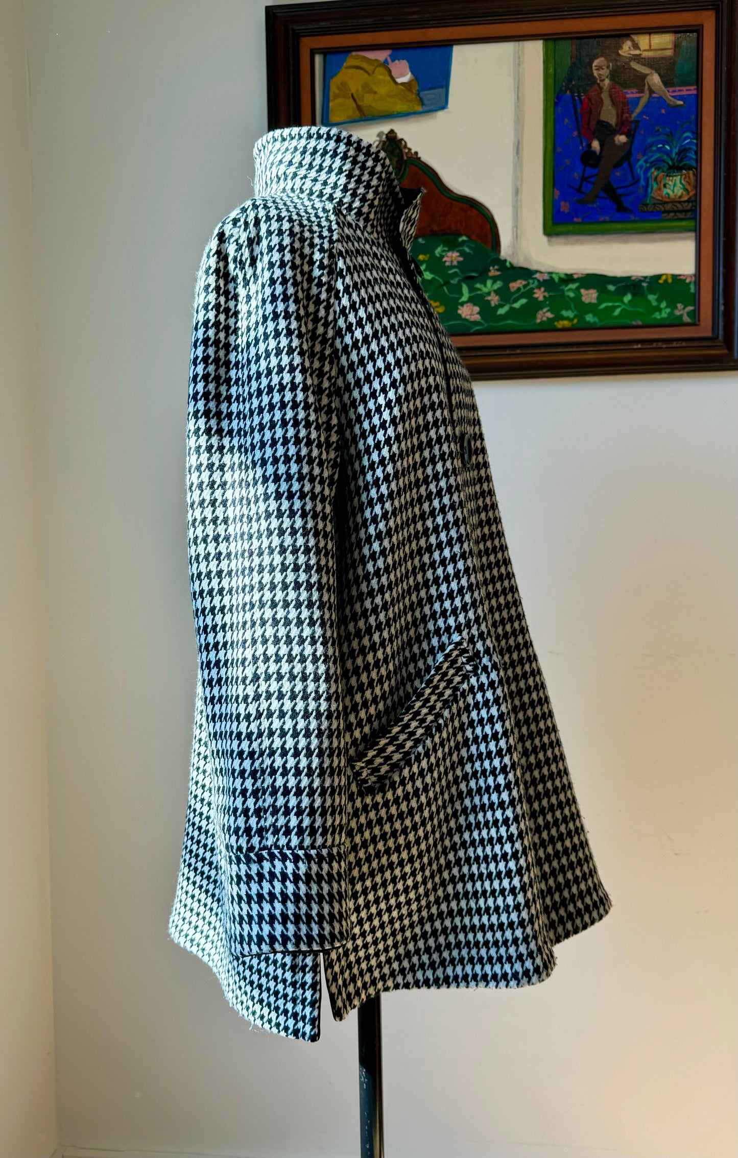 90s does 60s Black and White Houndstooth Reversible Swing Raincoat