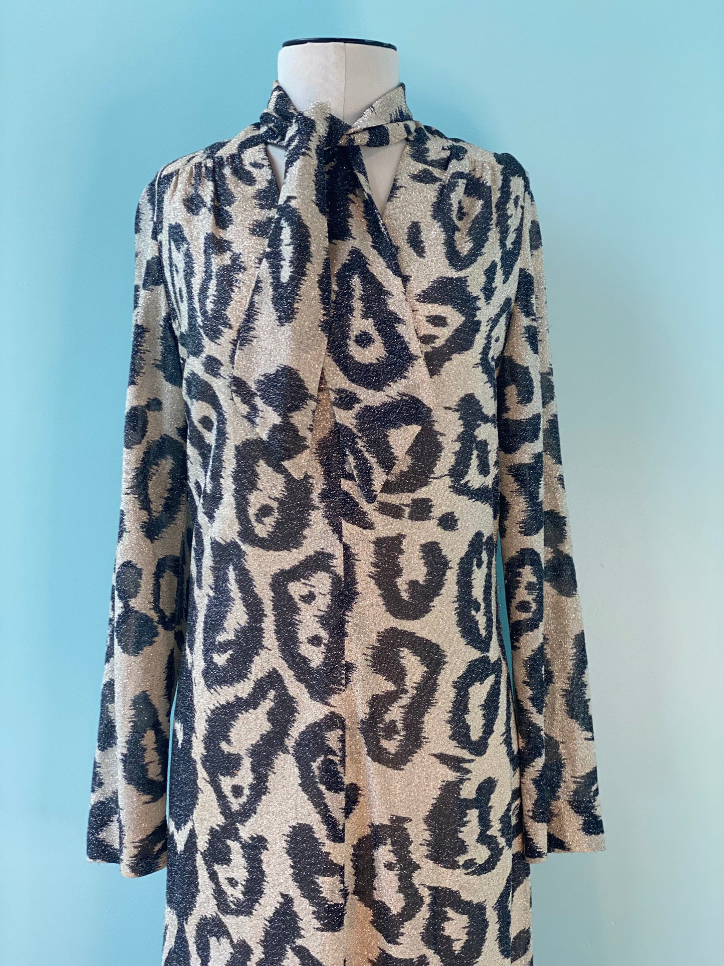 60s Adele Simpson for Neiman Marcus Metallic Lurex Cheetah Print Maxi Caftan Dress