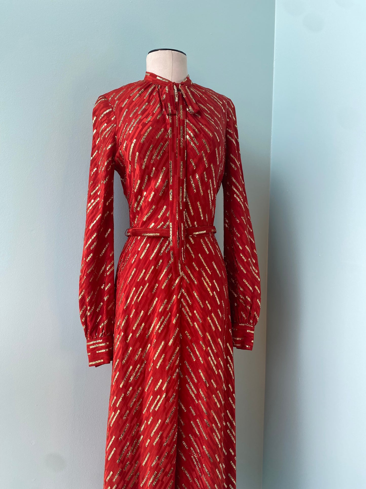 70s Marc Bohan for Christian Dior Red Silk Lurex Midi Dress Pussy Bow Balloon Sleeves