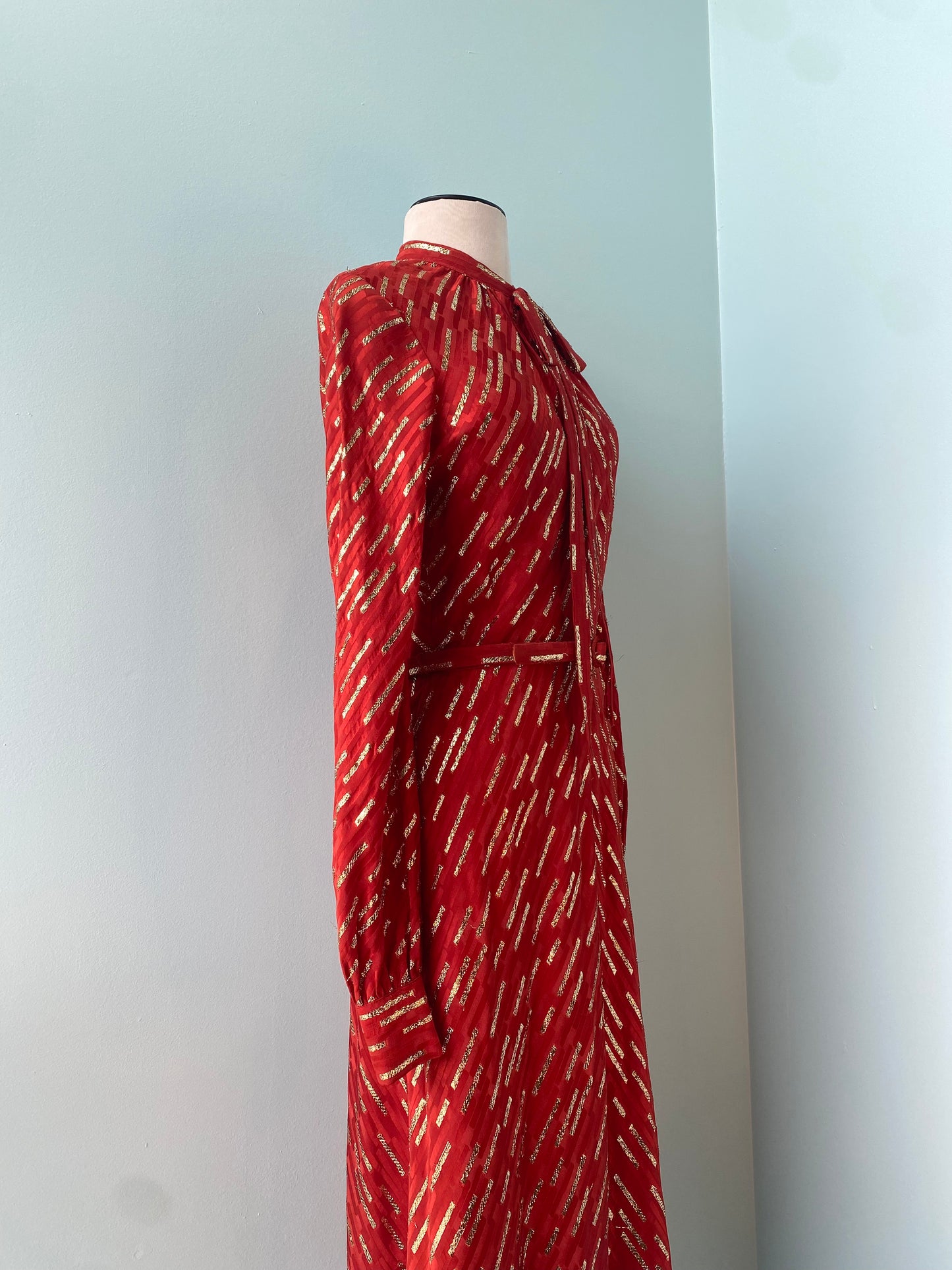 70s Marc Bohan for Christian Dior Red Silk Lurex Midi Dress Pussy Bow Balloon Sleeves