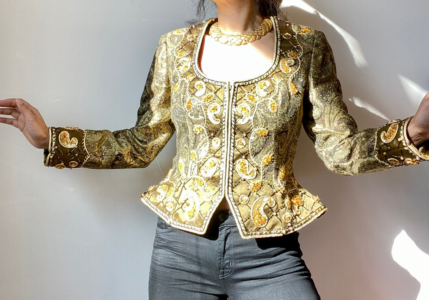 Regal Vintage Victoria Royal Brocade Heavily Beaded Avantgarde Sculptural Jacket Top