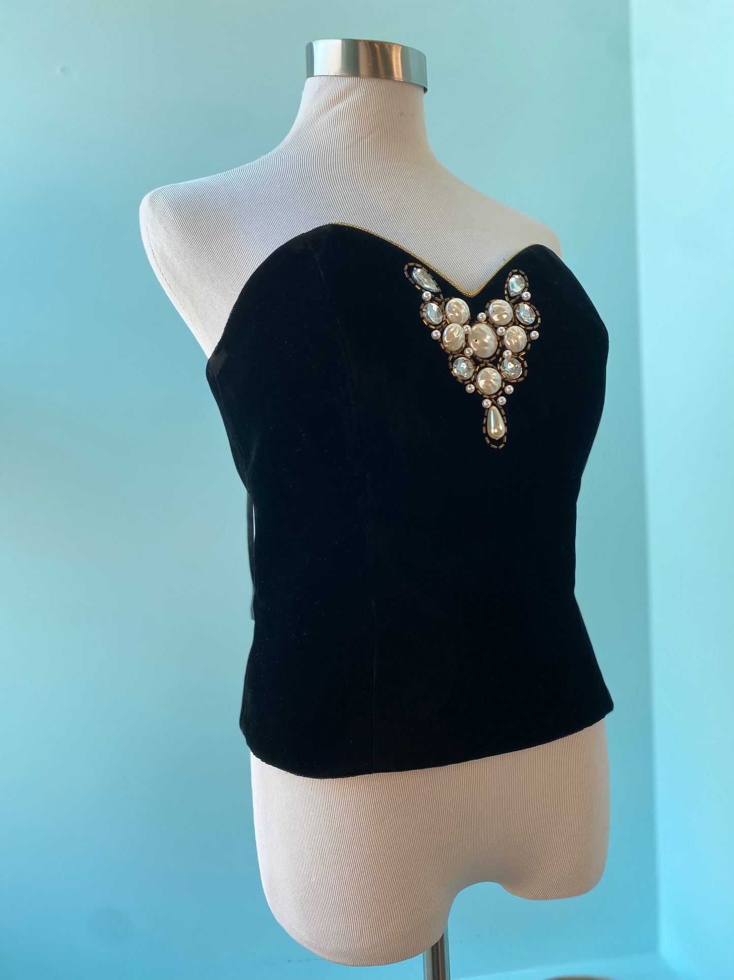 90s  PATRA Black Velvet Embellished Corset Bustier Large