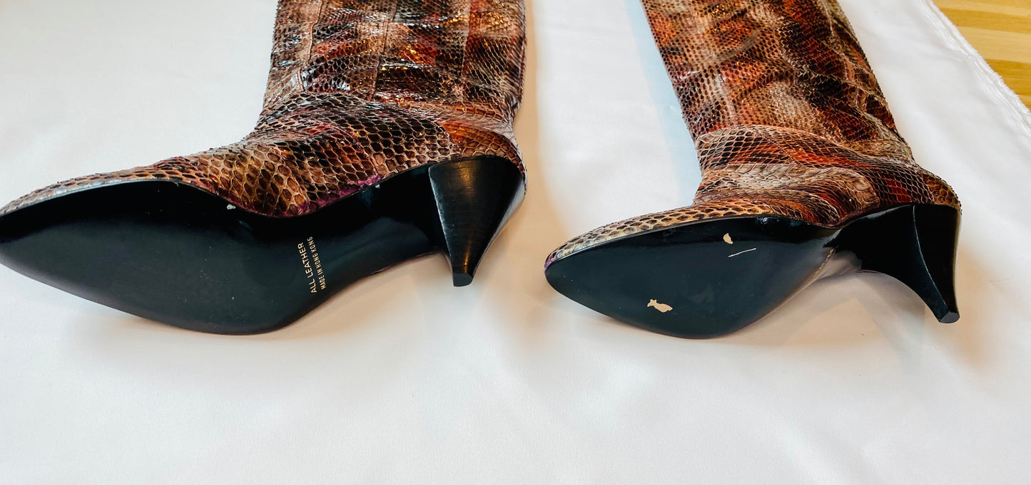 80s Disco Snake Skin Patchwork High Heel Tall Boots