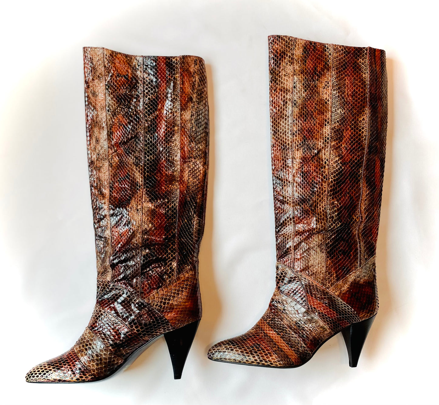 80s Disco Snake Skin Patchwork High Heel Tall Boots