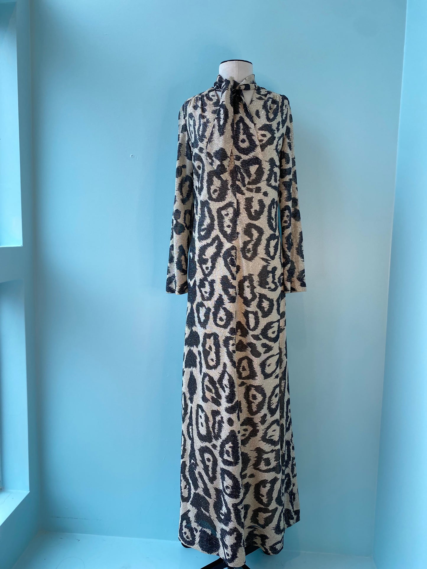 60s Adele Simpson for Neiman Marcus Metallic Lurex Cheetah Print Maxi Caftan Dress