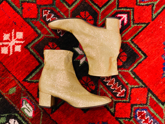 60s Gold Metallic Lurex  Stretchy Ankle Boots Size 9 2" Heel