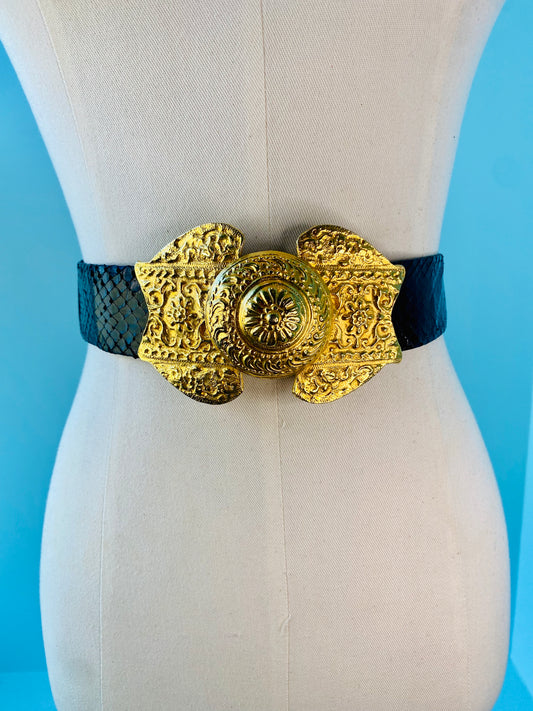 80s Alexis Kirk Black Reptile And Gold Plated Buckle Belt