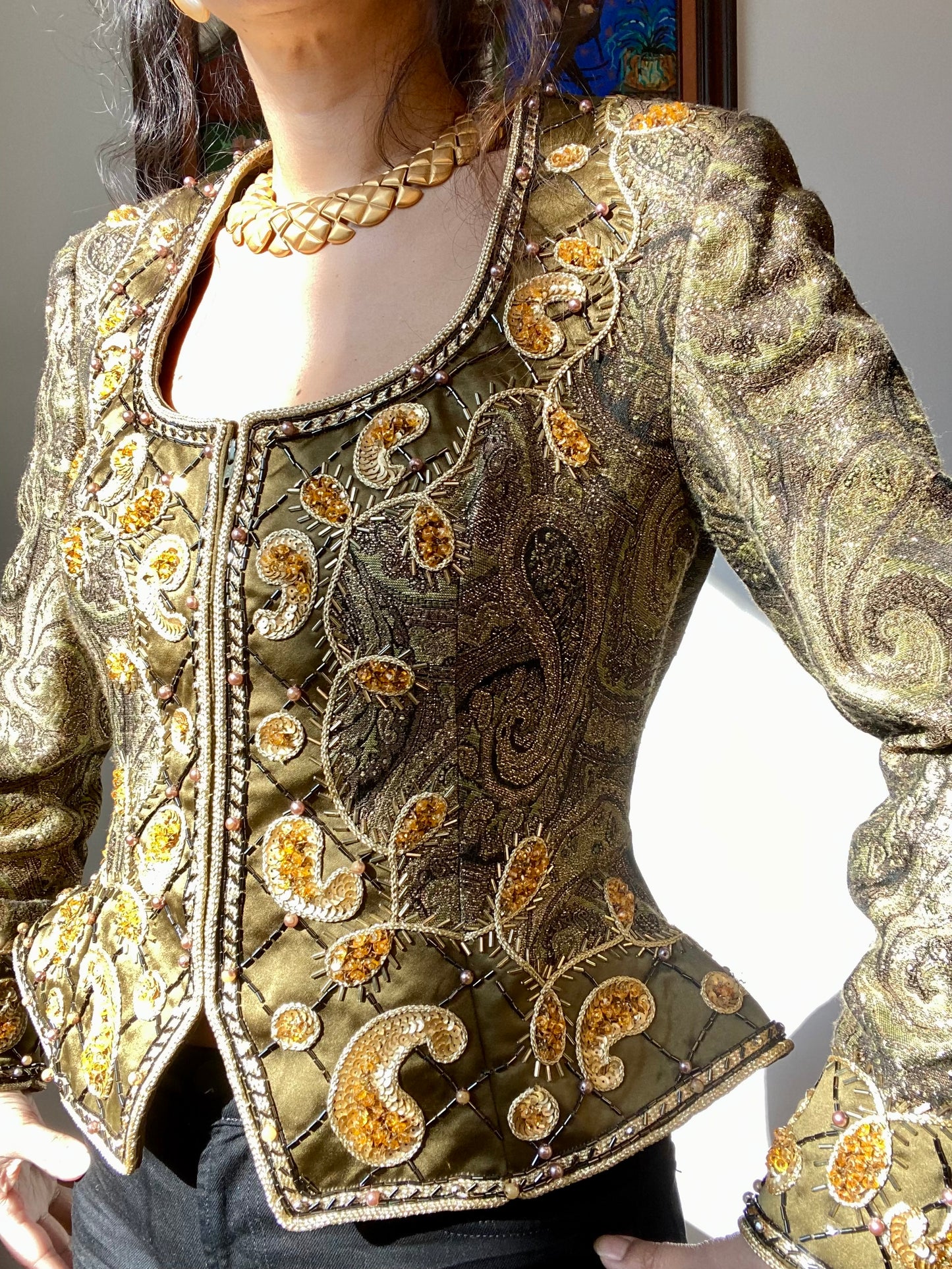 Regal Vintage Victoria Royal Brocade Heavily Beaded Avantgarde Sculptural Jacket Top