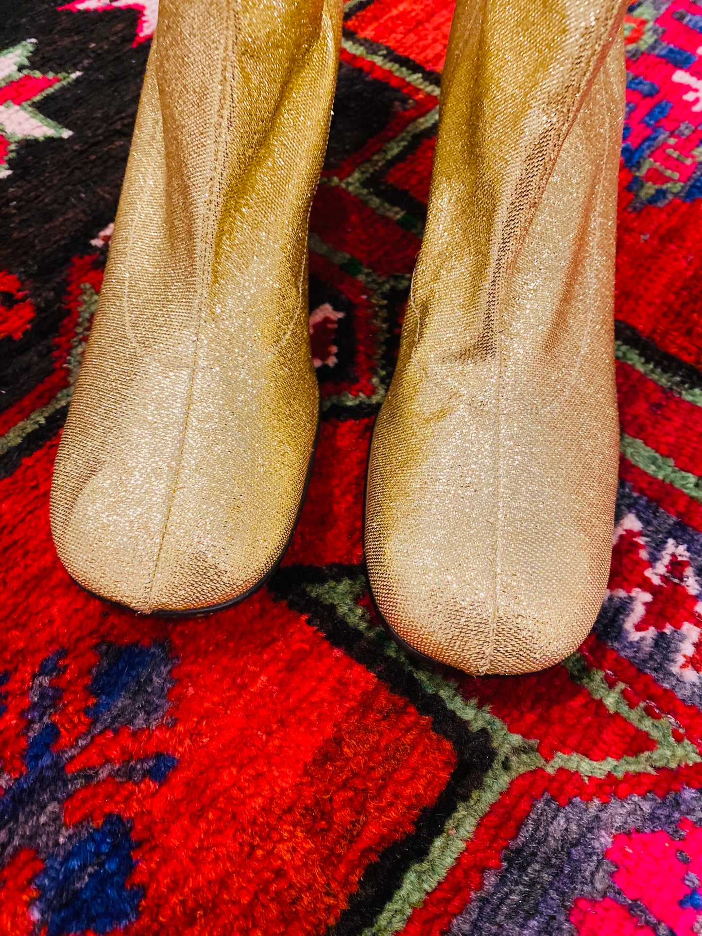60s Gold Metallic Lurex  Stretchy Ankle Boots Size 9 2" Heel
