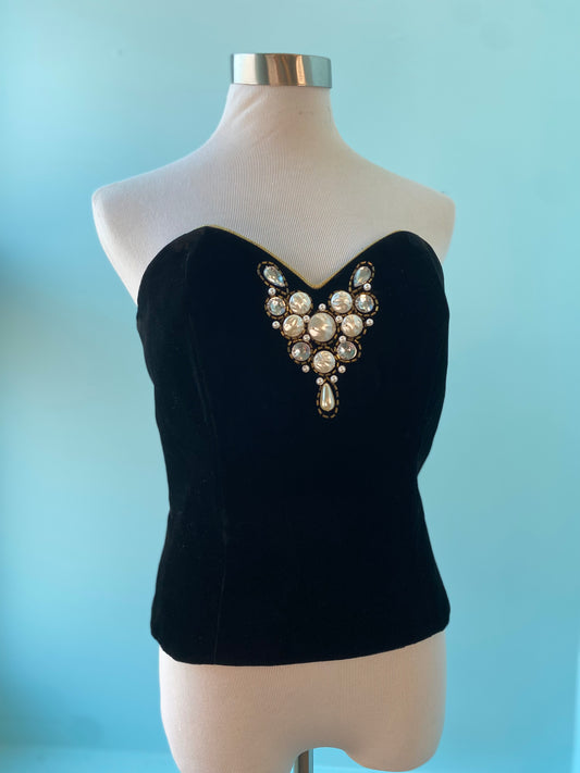 90s  PATRA Black Velvet Embellished Corset Bustier Large