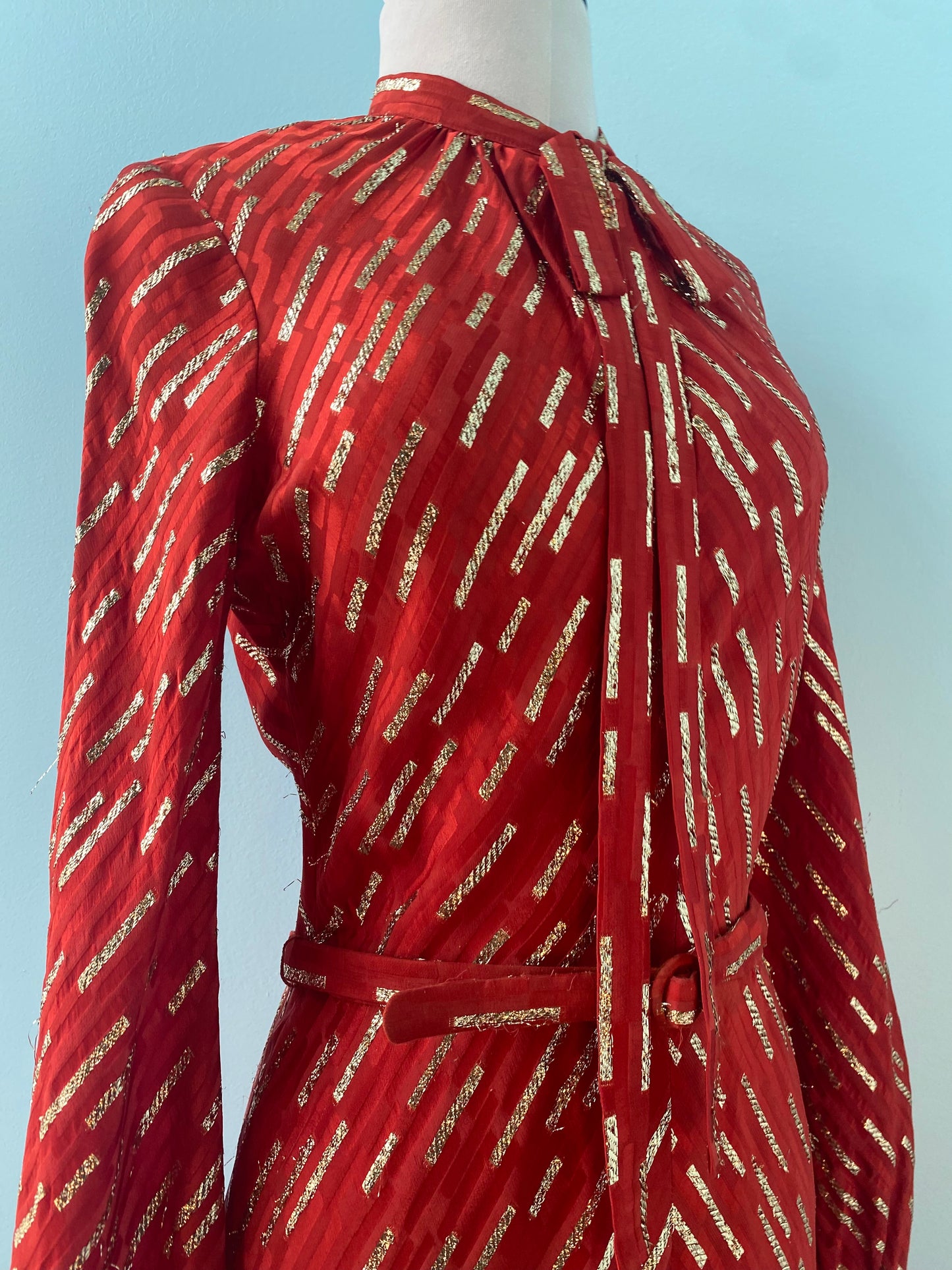 70s Marc Bohan for Christian Dior Red Silk Lurex Midi Dress Pussy Bow Balloon Sleeves