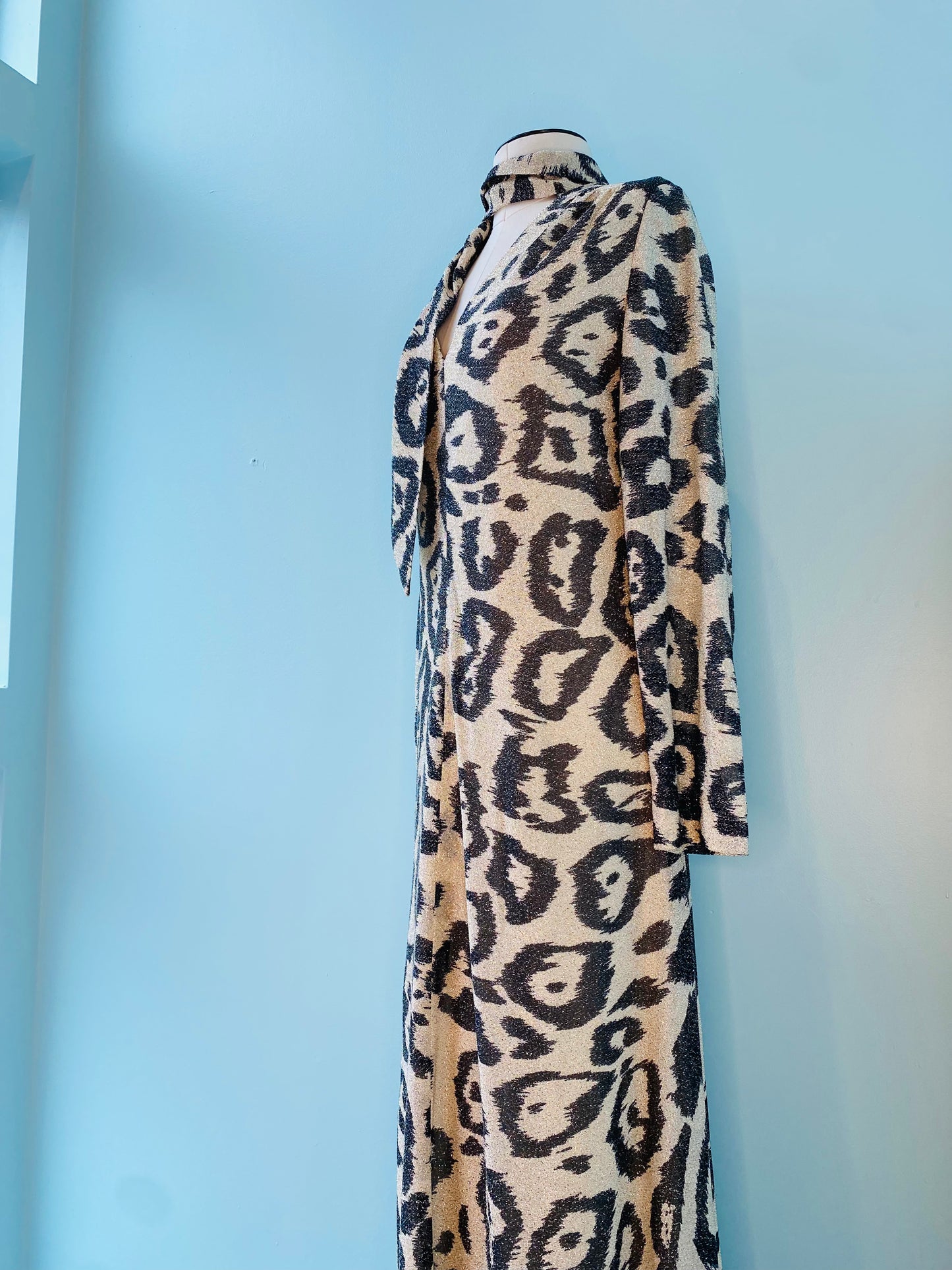 60s Adele Simpson for Neiman Marcus Metallic Lurex Cheetah Print Maxi Caftan Dress