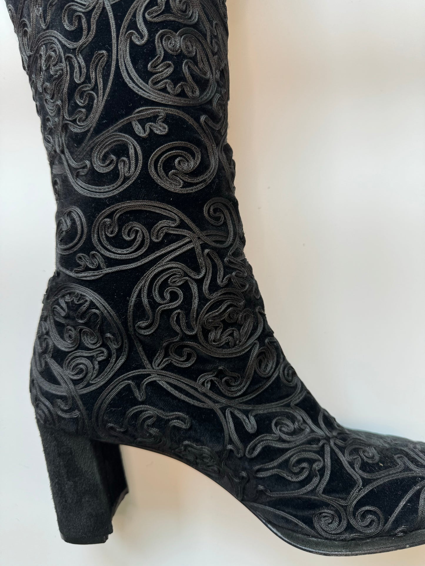 Vintage Pancaldi Tall Velvet and Ribbon Stacked Heel Black Gogo Boots