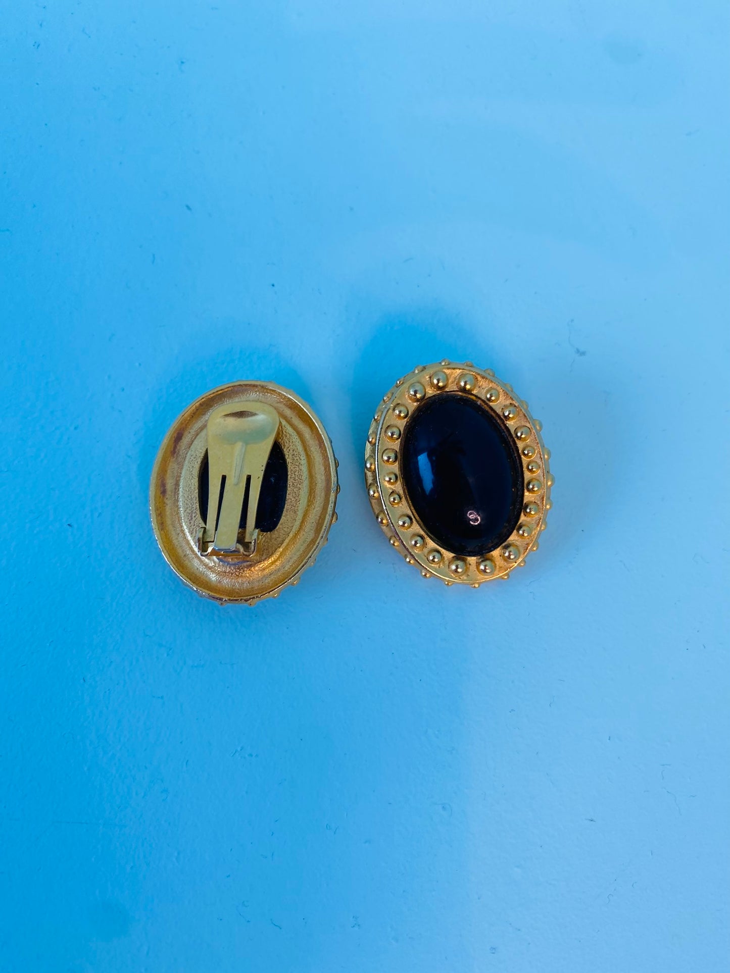 Vintage Matte Gold Plated Black Cabochon Statement Earrings