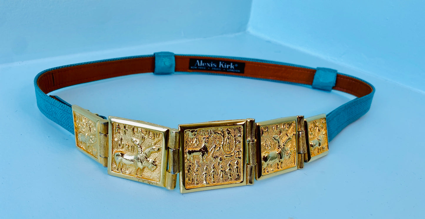 80s Alexis Kirk 24k Gold Plated Brass Buckle Turquoise Blue Reptile Adjustable Skinny Belt