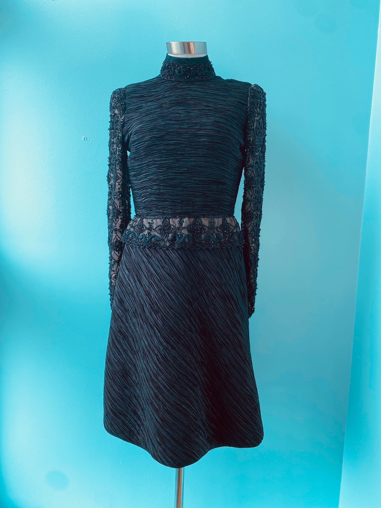 90s Mary McFadden Couture Black Beaded Plisse Long Sleeve Fancy Sheath Dress