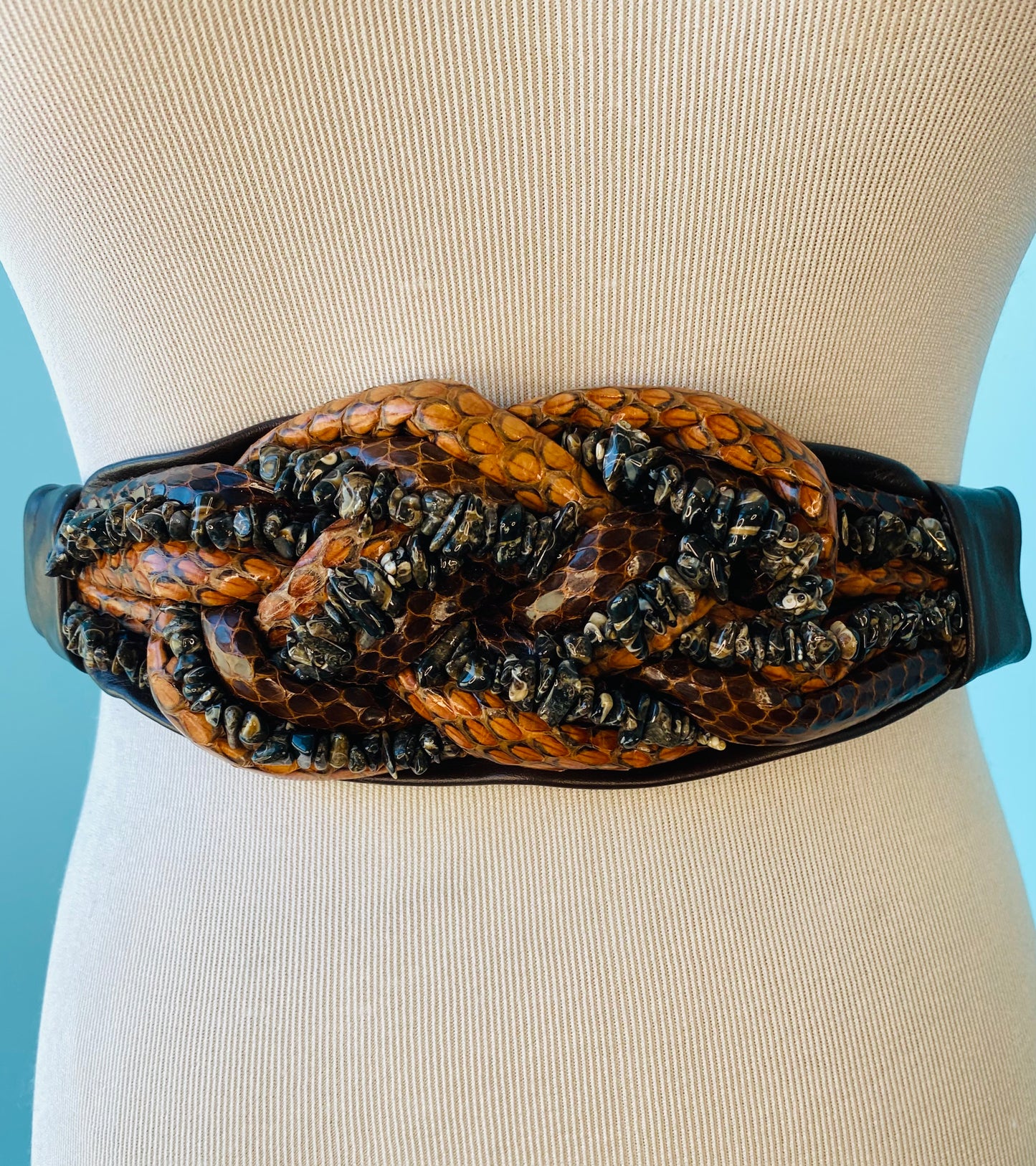 80s Snakeskin and Semi Precious Stone Leather Sash Brown Belt