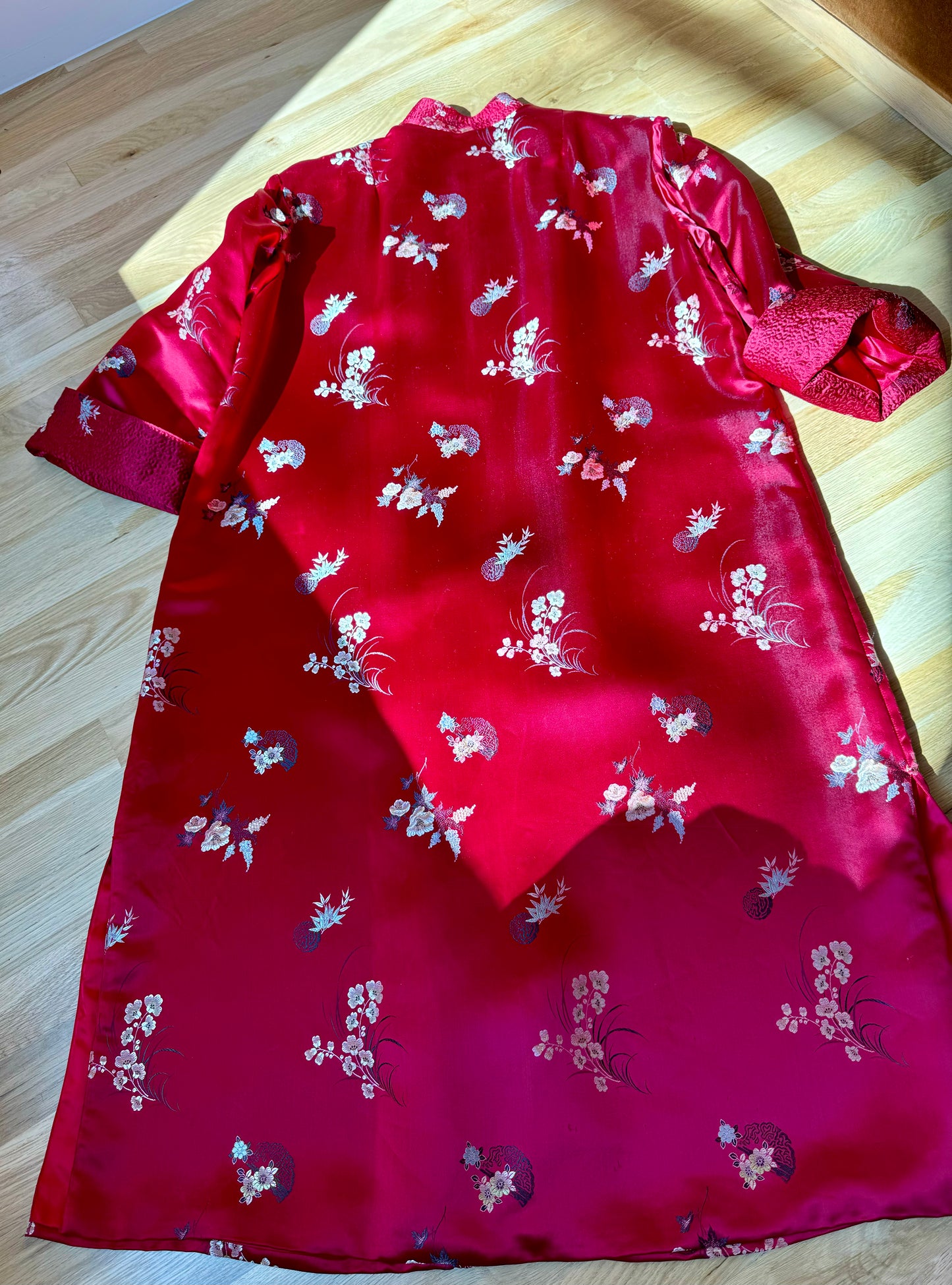 Antique Ruby Red Silk Chinoiserie Duster