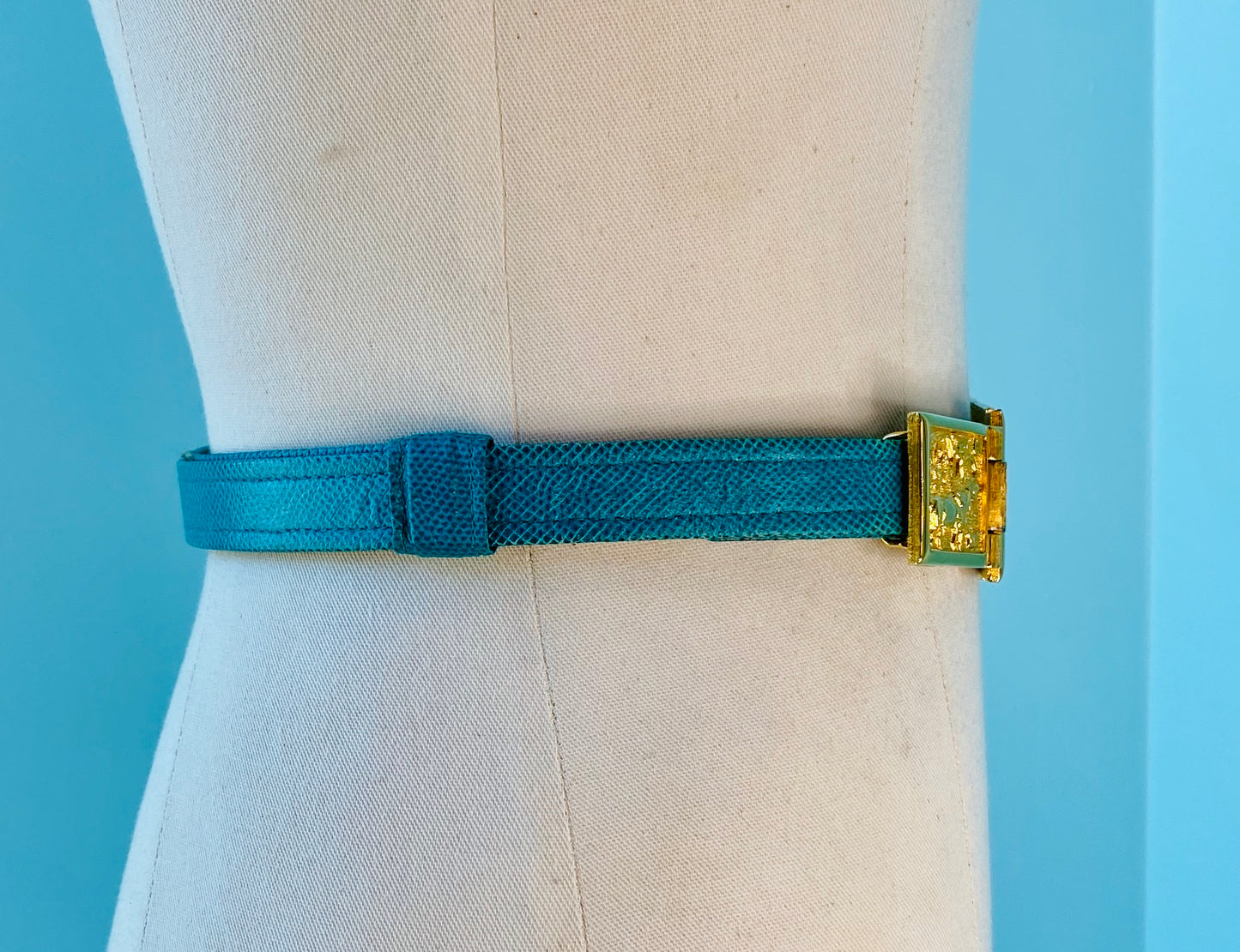 80s Alexis Kirk 24k Gold Plated Brass Buckle Turquoise Blue Reptile Adjustable Skinny Belt