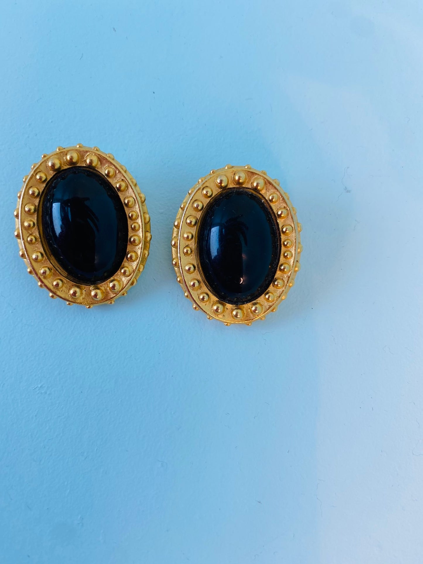 Vintage Matte Gold Plated Black Cabochon Statement Earrings