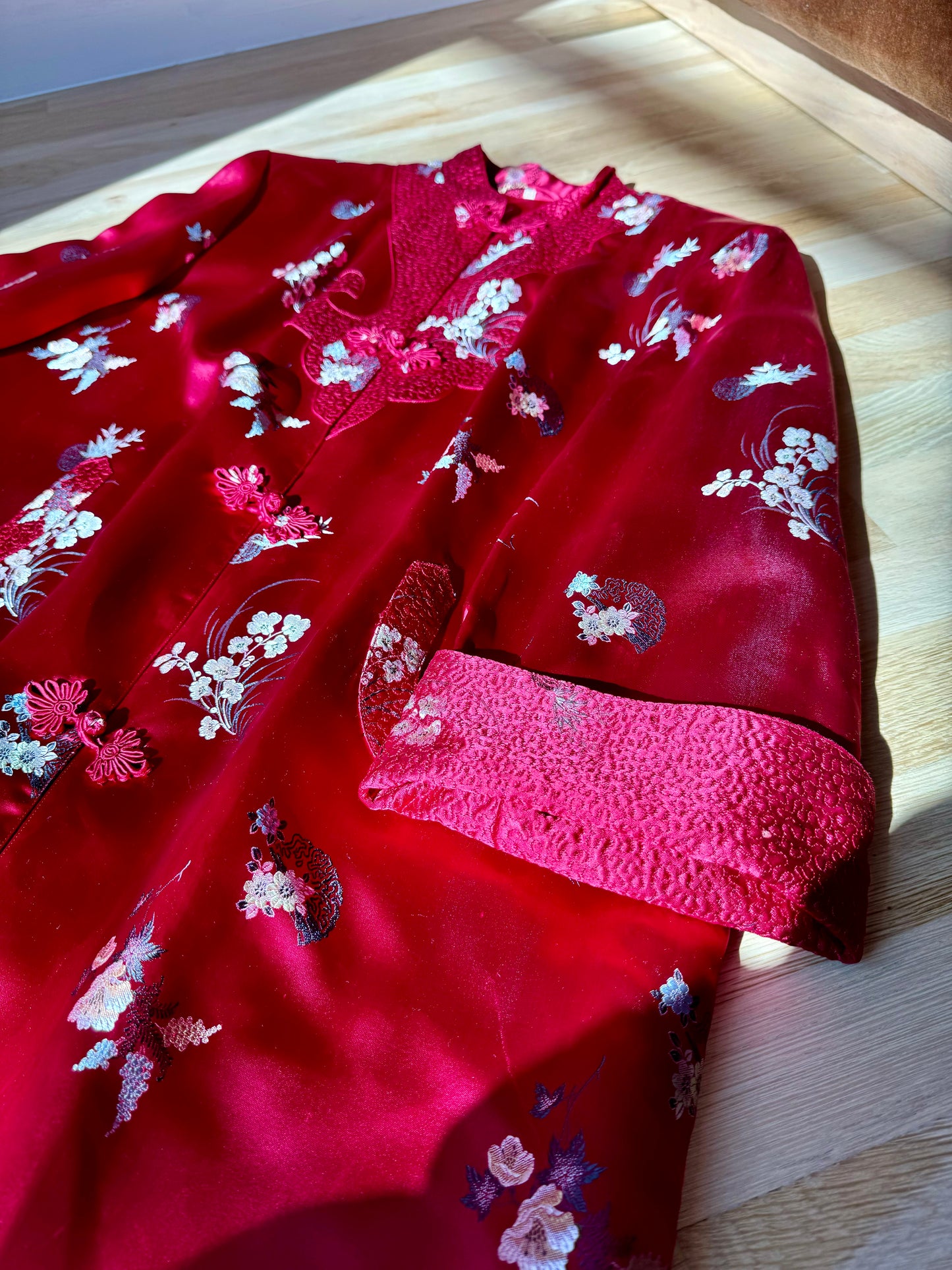 Antique Ruby Red Silk Chinoiserie Duster