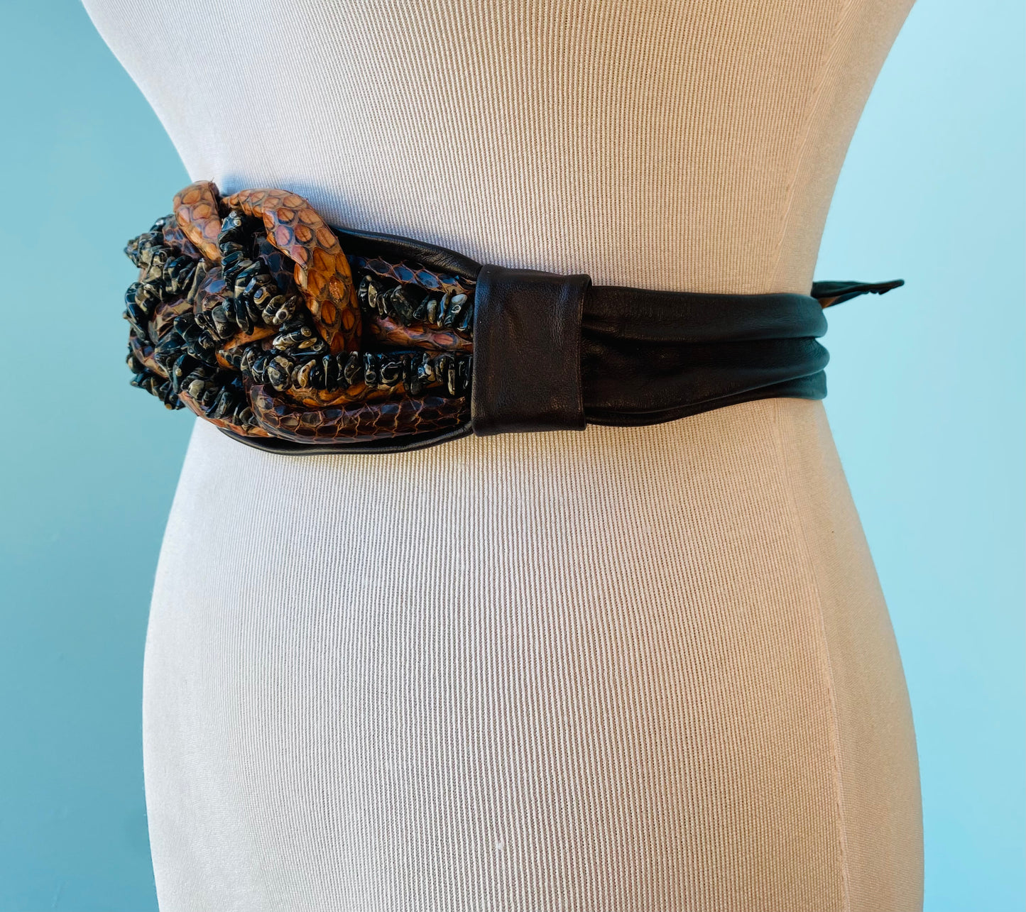 80s Snakeskin and Semi Precious Stone Leather Sash Brown Belt