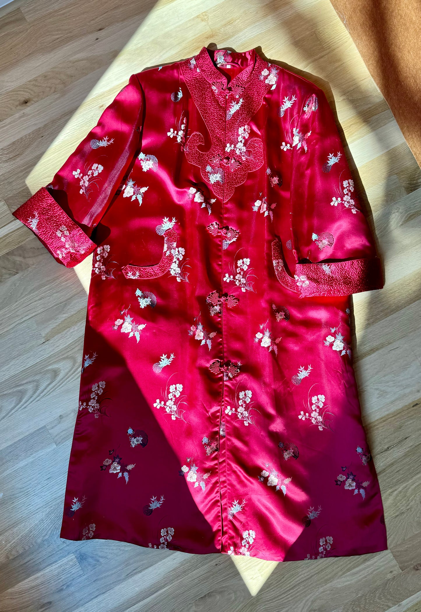 Antique Ruby Red Silk Chinoiserie Duster