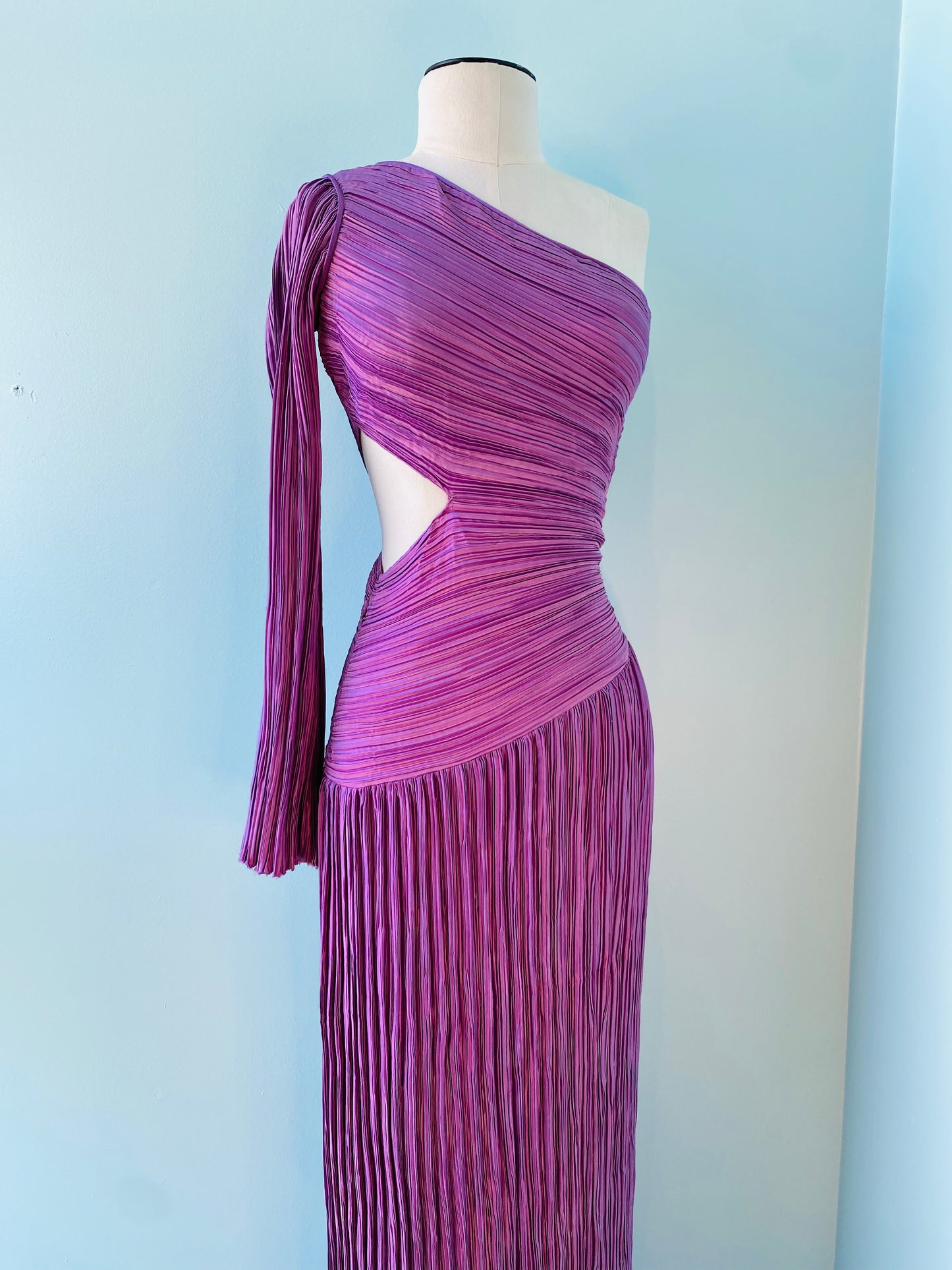 70s Mary McFadden One Shoulder Cut Out Plisse Gown