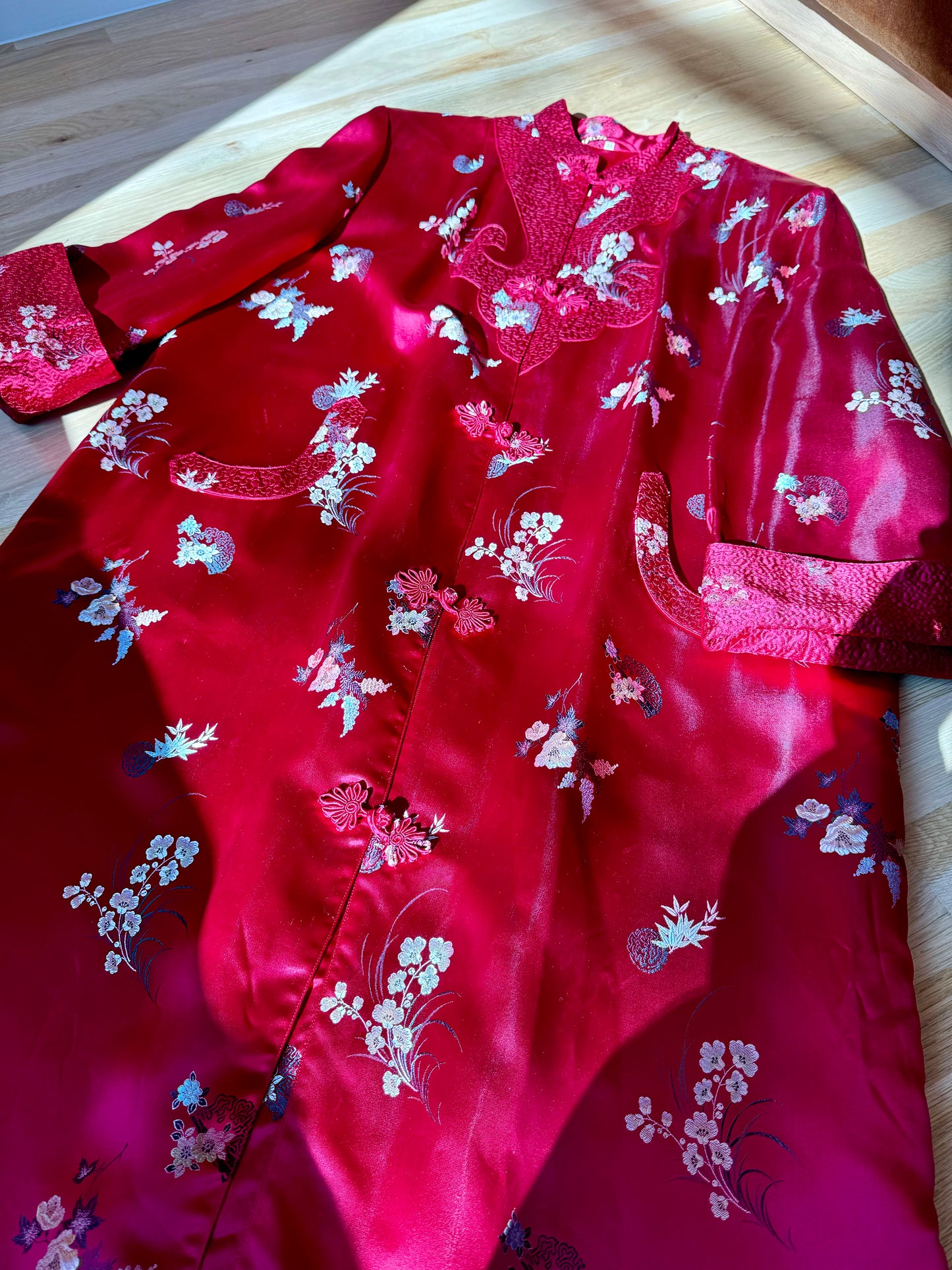 Antique Ruby Red Silk Chinoiserie Duster