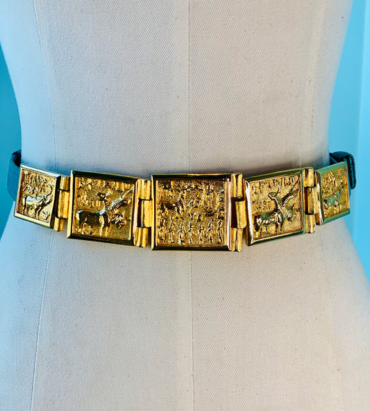 80s Alexis Kirk 24k Gold Plated Brass Buckle Turquoise Blue Reptile Adjustable Skinny Belt