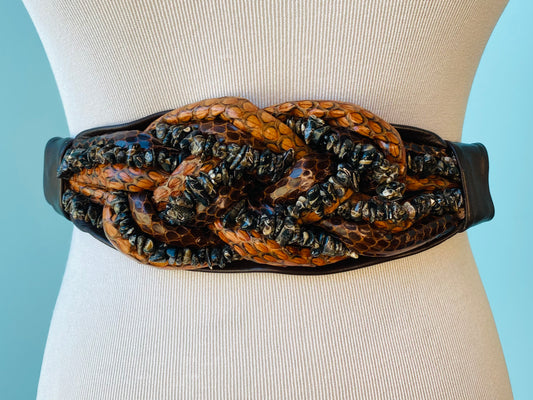 80s Snakeskin and Semi Precious Stone Leather Sash Brown Belt