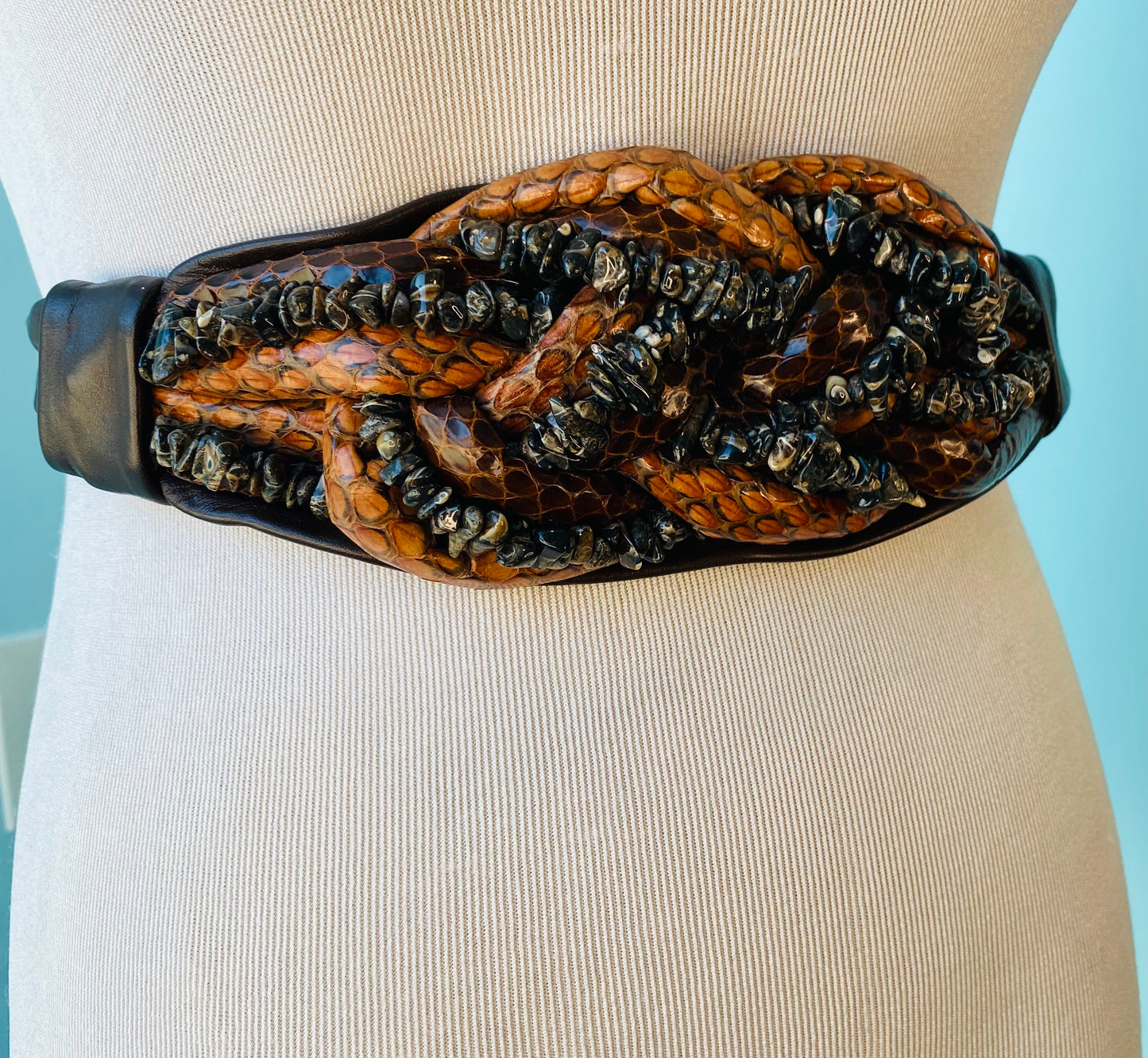 80s Snakeskin and Semi Precious Stone Leather Sash Brown Belt