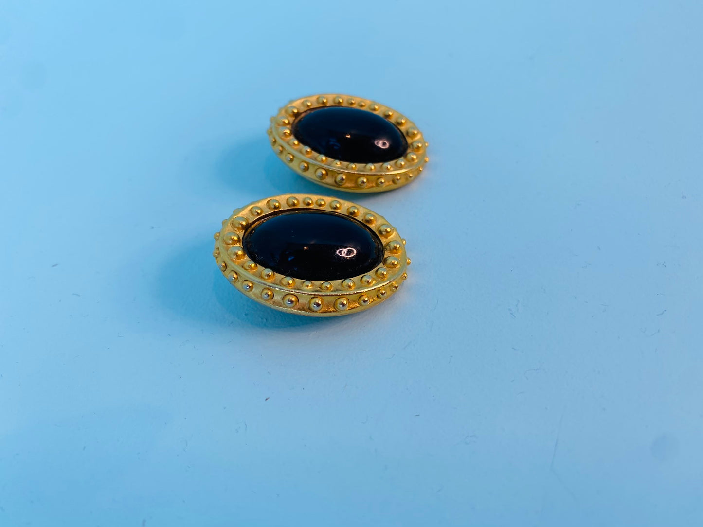 Vintage Matte Gold Plated Black Cabochon Statement Earrings