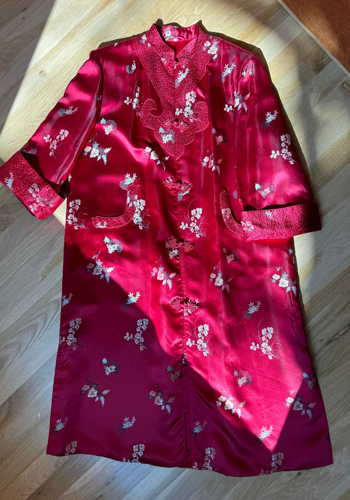 Antique Ruby Red Silk Chinoiserie Duster