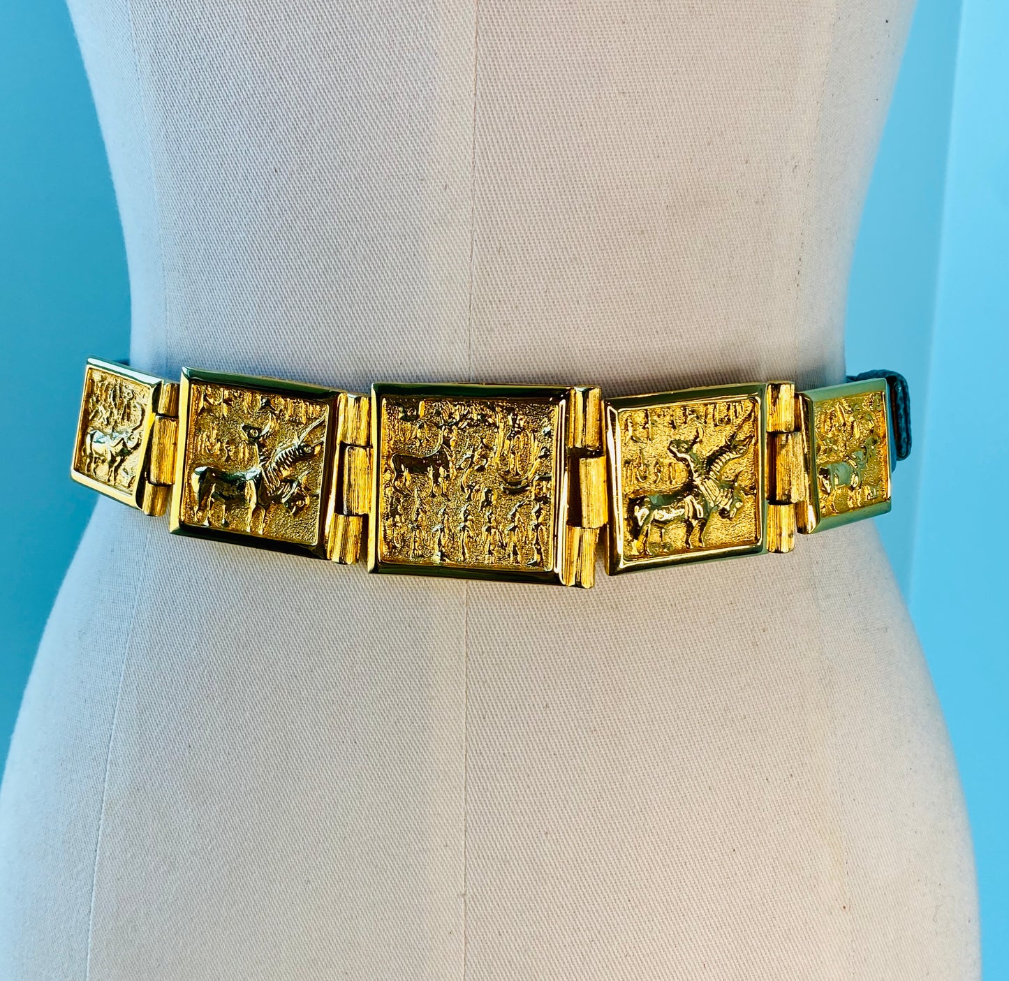 80s Alexis Kirk 24k Gold Plated Brass Buckle Turquoise Blue Reptile Adjustable Skinny Belt